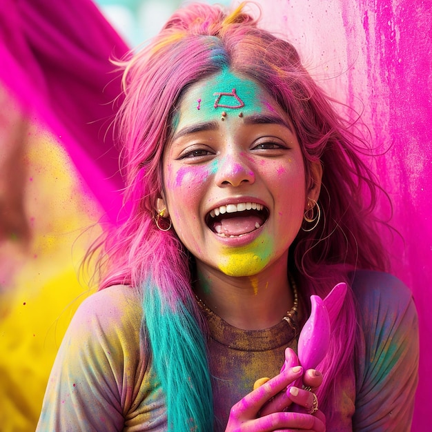 Portrait of indian woman with colored face dancing during holi