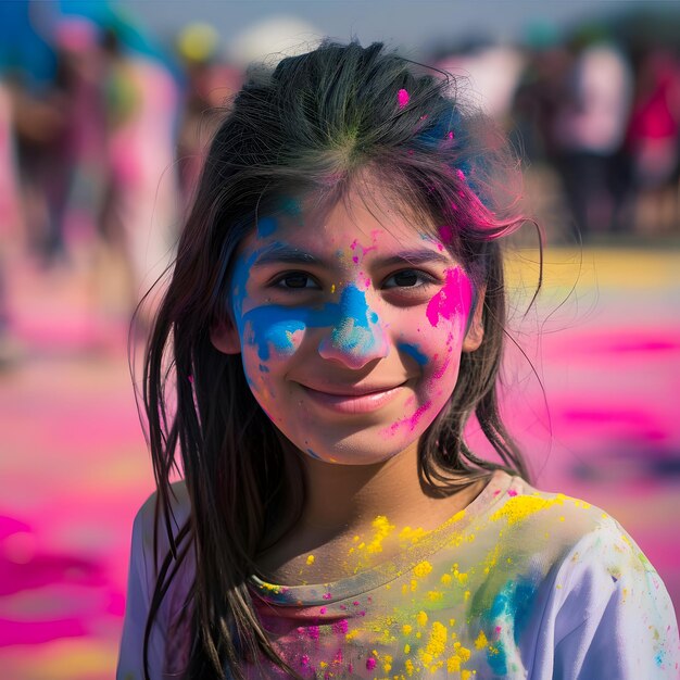 Portrait Of Indian Woman With Colored Face with Holi powders During Holi celebration Happy Holi