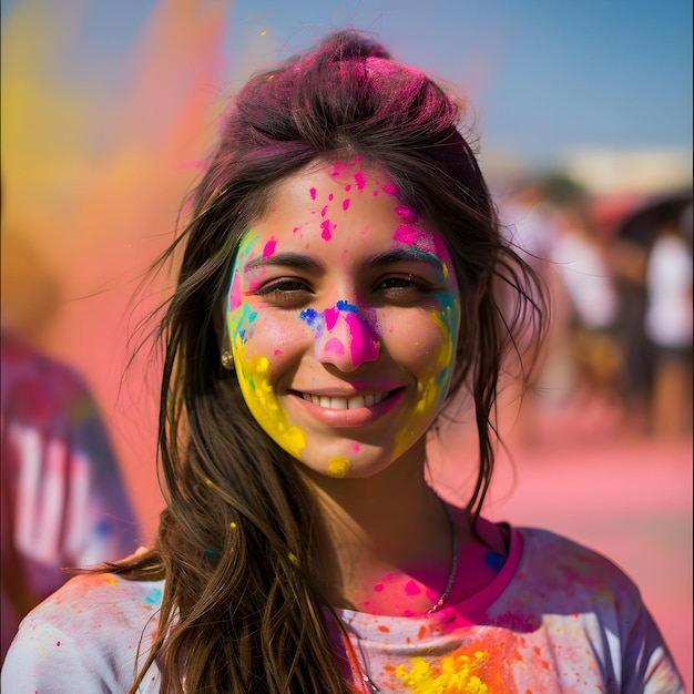 Portrait Of Indian Woman With Colored Face with Holi powders During Holi celebration Happy Holi