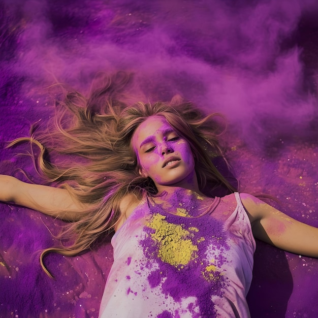 Portrait Of Indian Woman With Colored powder face and celebrating happy Holi party