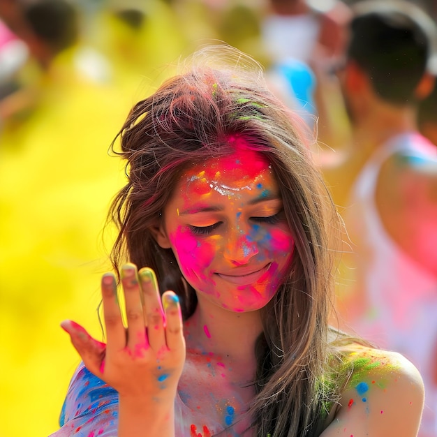 Portrait Of Indian Woman With Colored powder face and celebrating happy Holi party