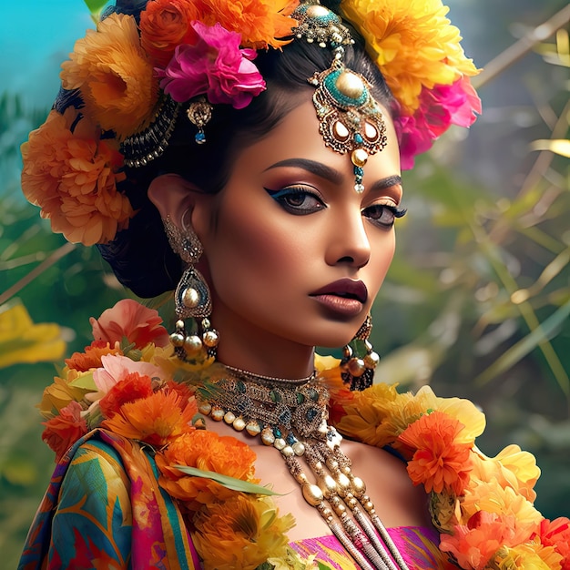 portrait of an Indian woman with flowers