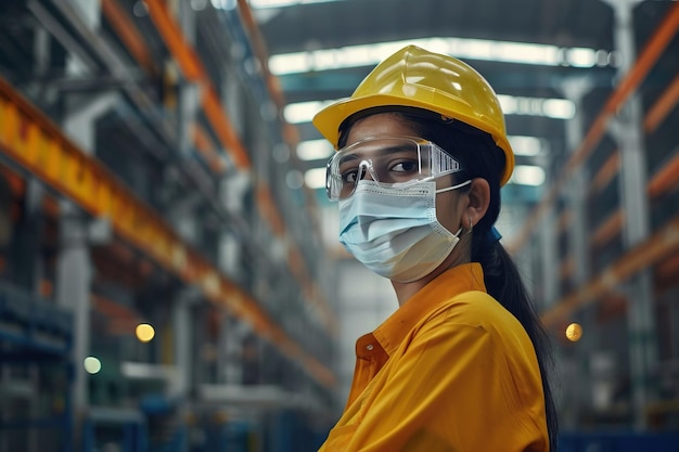 Portrait Indian woman worker supervisor with engineer safety suit work in large factory warehouse