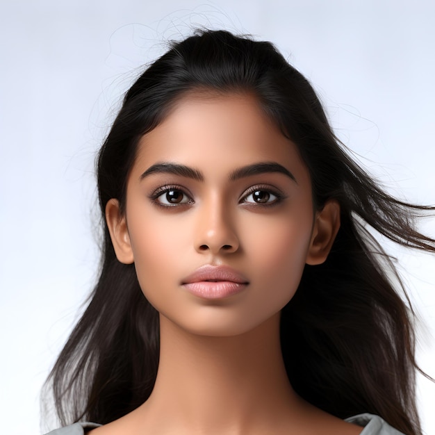 portrait of an Indian young woman on a white background brunette with clear skin