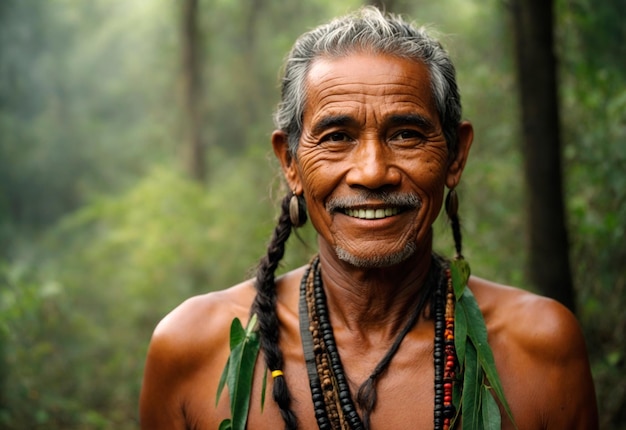 Portrait of an indigenous old man from South American tribe with jungle at background AI generative