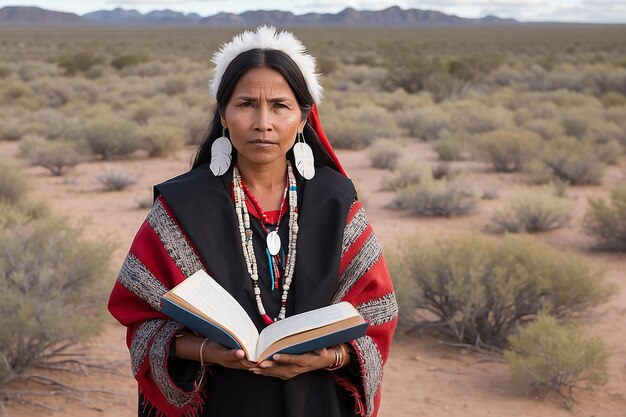 Foto ritratto di una donna indigena con un libro