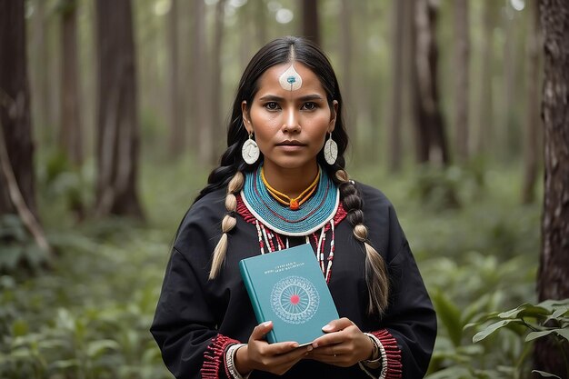 Foto ritratto di una donna indigena con un libro