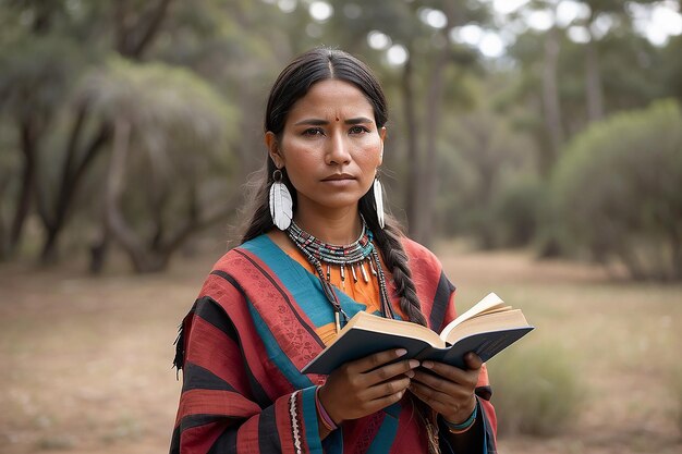 Foto ritratto di una donna indigena con un libro