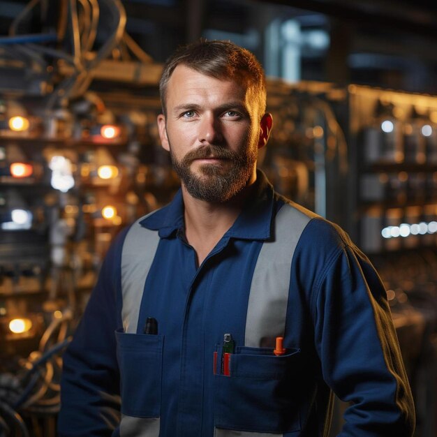 portrait of an industrial electric engineer standing by power supply inside oil refinery