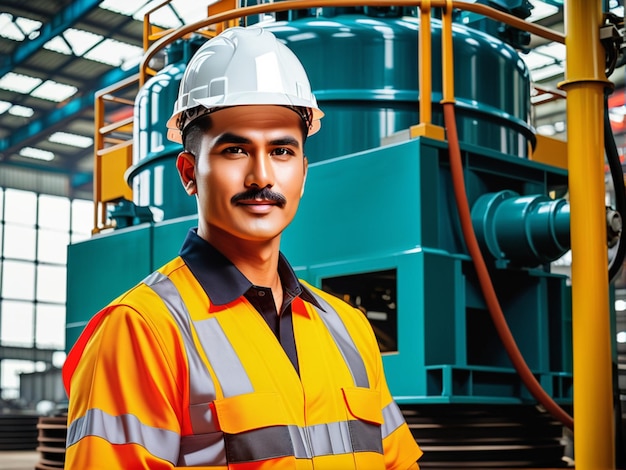 Portrait of Industry maintenance engineer man wearing uniform and safety hard hat on factory station