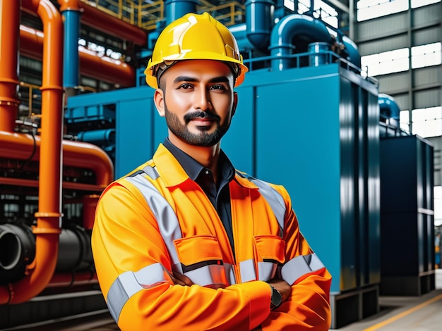 Portrait of Industry maintenance engineer man wearing uniform and safety hard hat on factory station