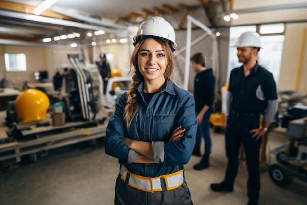 Portrait of Industry maintenance engineer woman wearing uniform and safety hard hat on factory stati