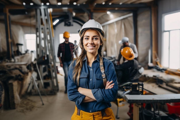 Portrait of Industry maintenance engineer woman wearing uniform and safety hard hat on factory