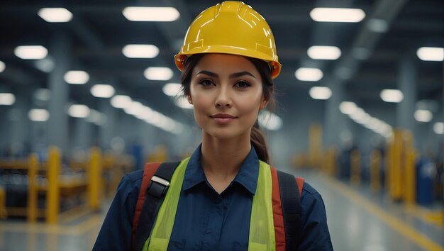 Portrait of Industry maintenance engineer young woman wearing uniform and safety hard hat on factorY