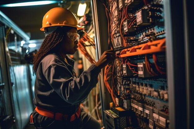 Photo portrait industry worker wearing a safety uniform control operating computer in the industry factory