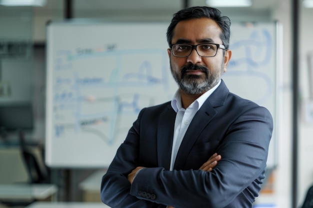 Photo portrait of influential indian business mentor in office smiling confidently