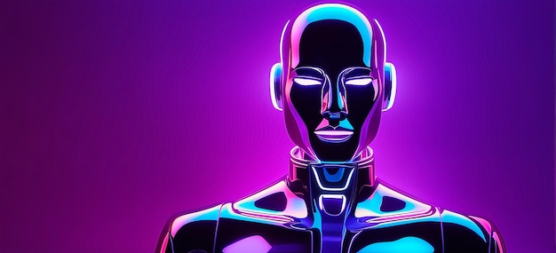 Portrait of inridescent robot on a purple background