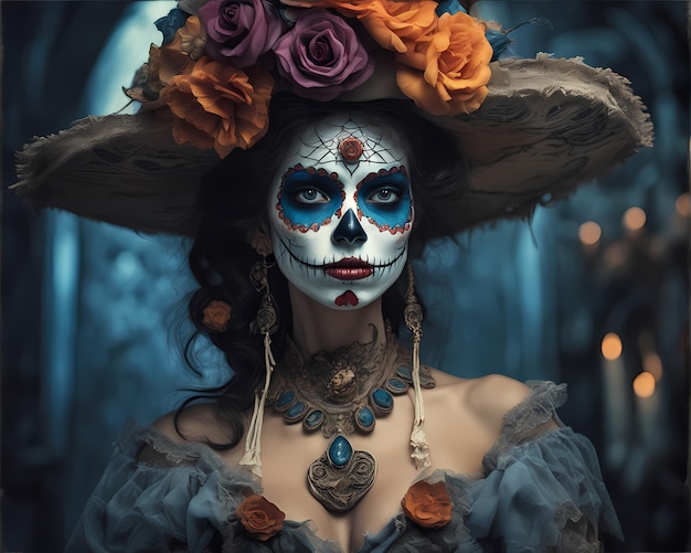 Portrait of a an insanely beautiful dia de Muertos Mexican Catrina