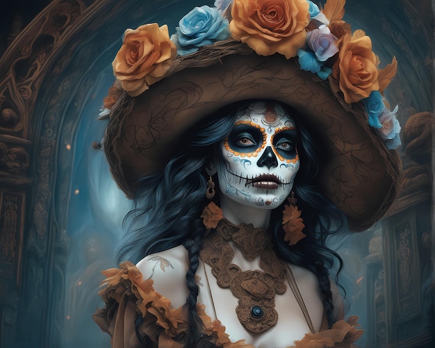 Portrait of a an insanely beautiful dia de Muertos Mexican Catrina