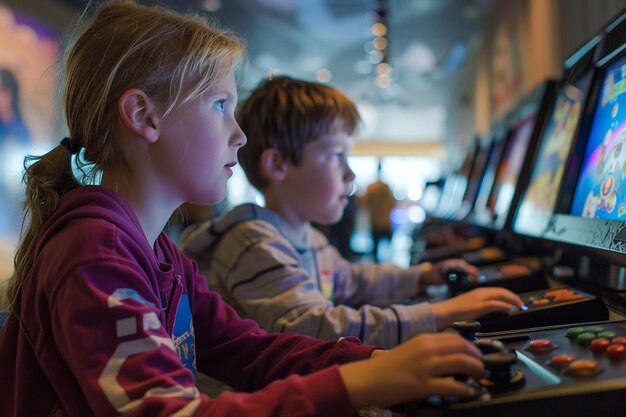 Photo portrait of interactive gameplay children engaging with video