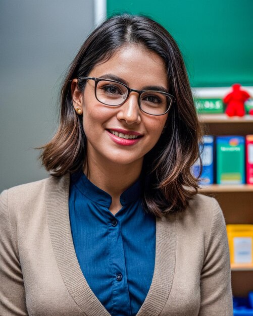 Portrait of a irish preschool women teacher in cardigans and wearing glass at classroom