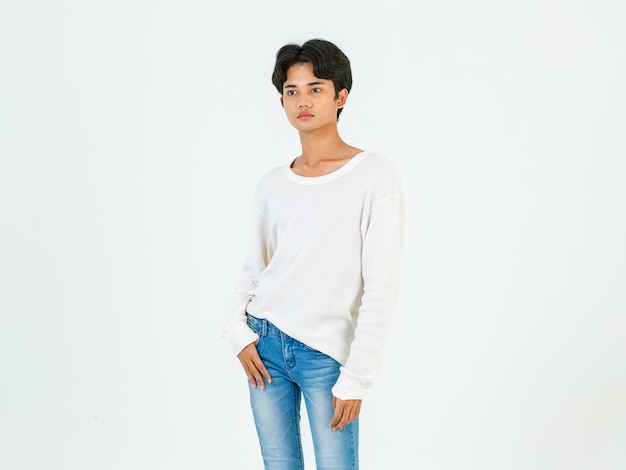 Portrait isolated studio shot of Asian young LGBTQ gay glamour happy handsome bisexual homosexual male fashion model in casual outfit standing straight smiling look at camera on white background