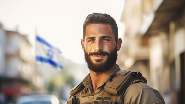 Foto ritratto di un soldato israeliano in uniforme militare su una città case e bianco e blu bandiera israeliana sfondo concetto di patriottismo difesa della patria giorno di sole copia spazio