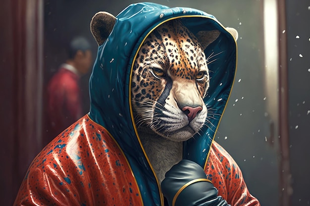 Portrait of jaguar in a tracksuit and boxing gloves around his neck generative ai