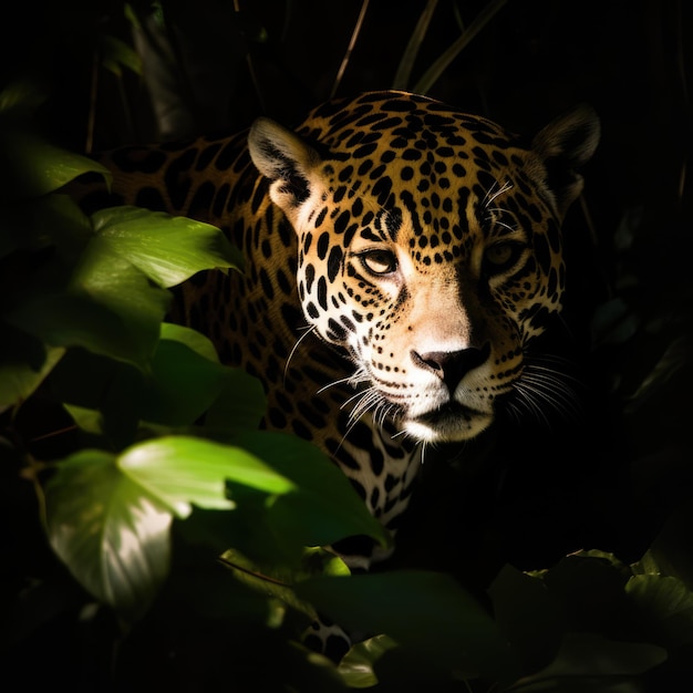 Portrait of jaguar in tropical jungle leaves and plants created using generative ai technology