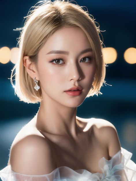 Portrait of Japanese beauty with blonde hair and off shoulder organza top with river night view