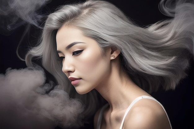 Portrait of Japanese grayhaired woman with smoke