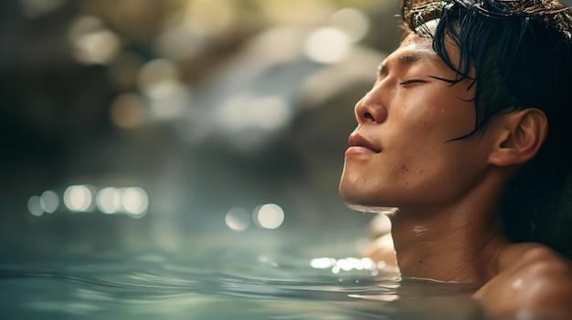 温泉でリラックスしている日本人の男性の肖像画