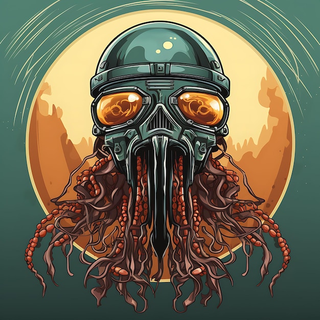 Portrait of Jellyfish Wearing Diving Helmet With Cool Deep Sea Vintage Poster 2D Flat Design Art