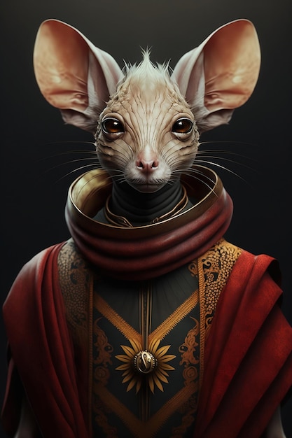 Portrait of jerboa in human clothes on dark background
