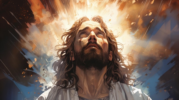 하늘 생성 AI에서 번개 십자가를 보고 있는 예수 그리스도의 초상화