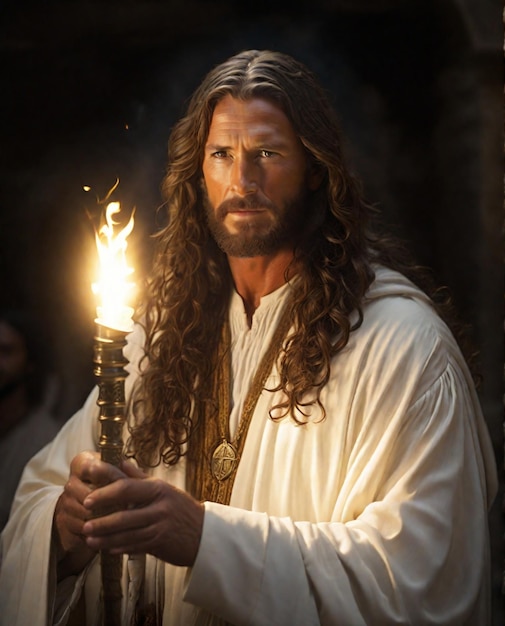 portrait of Jesus Christ with a burning torch showing the way