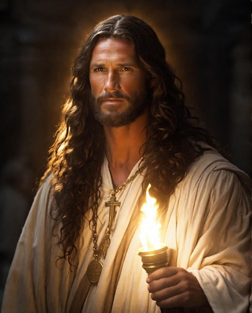 portrait of Jesus Christ with a burning torch showing the way