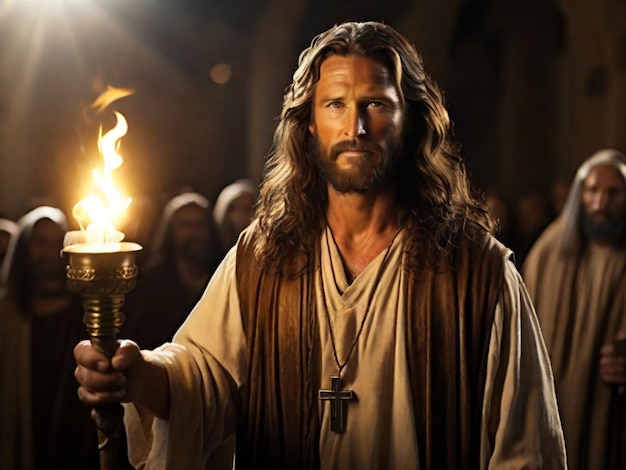 portrait of Jesus Christ with a burning torch showing the way