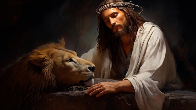 Portrait of Jesus Christ with a lion