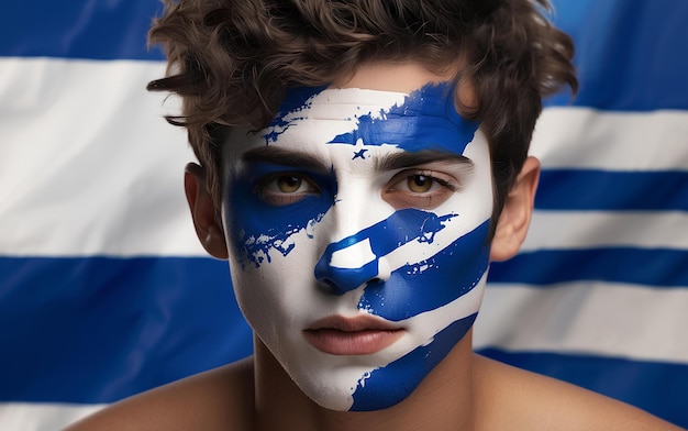 Foto ritratto di un uomo ebreo con il viso dipinto nei colori della bandiera israeliana concetto di patriottismo