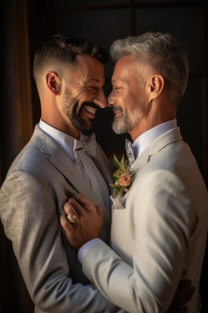 Портрет радостной и ласковой гей-пары в день свадьбы