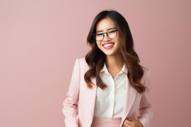 Photo portrait of a joyful asian businesswoman in eyeglasses