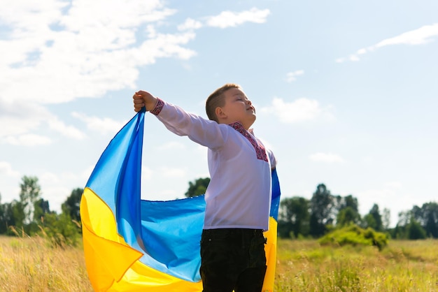 Portrait of a joyful boy in Ukrainian traditional national clothes - vyshyvanka