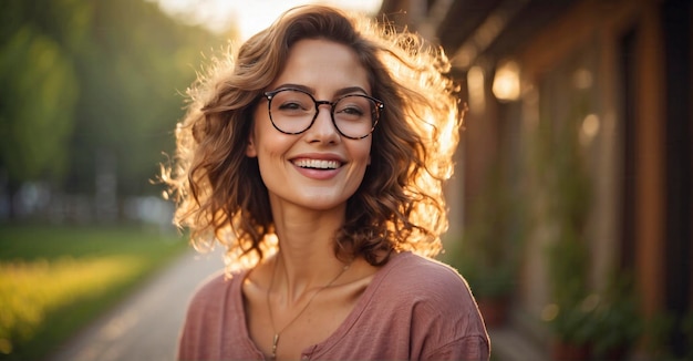Portrait of a joyful and content woman with glasses enjoying the outdoors