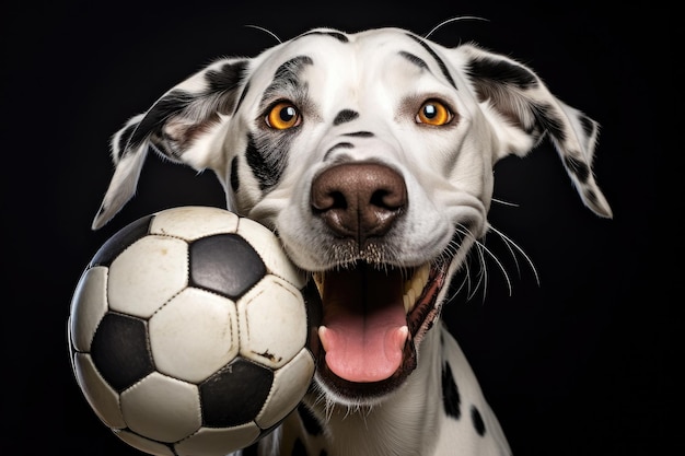 Portrait of a joyful Dalmatian dog with a soccer ball on a black background