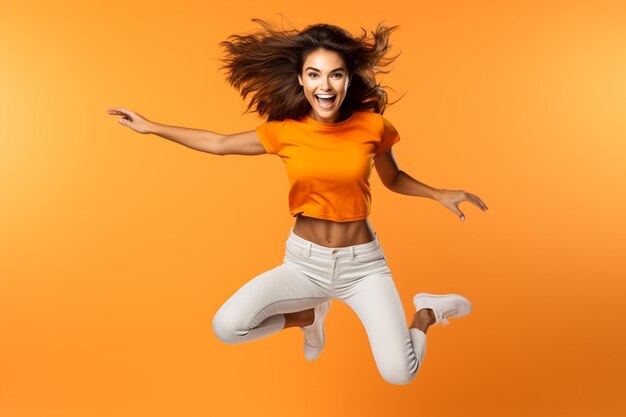 Portrait of a joyful happy girl dressed in a white tshirt celebrating success and victory isolated o