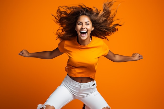 Portrait of a joyful happy girl dressed in a white tshirt celebrating success and victory isolated o