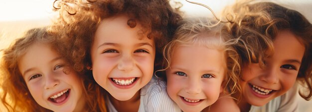 Foto ritratto di bambini gioiosi con un sorriso luminoso e capelli ricci che brillano alla calda luce solare infanzia giocosa