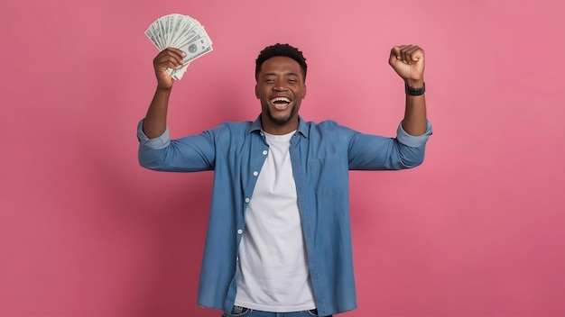 Portrait of joyful man in jeans shirt holding bunch of money banknotes while standing and celebrati