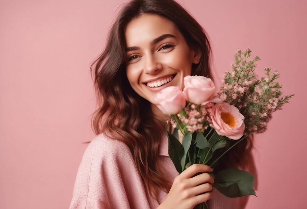 Foto ritratto di una giovane donna felice e allegra che tiene in mano dei fiori su uno sfondo pastello